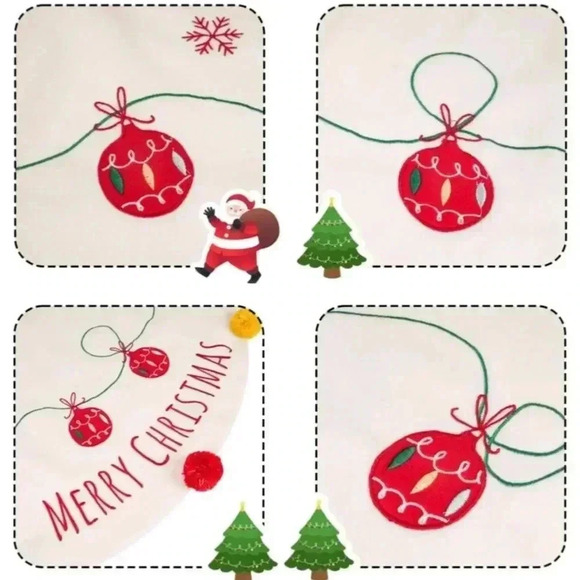 Cream White 32 Inches Christmas Tree Skirt Embroidery Colorful Bright Pompom - Picture 7 of 8